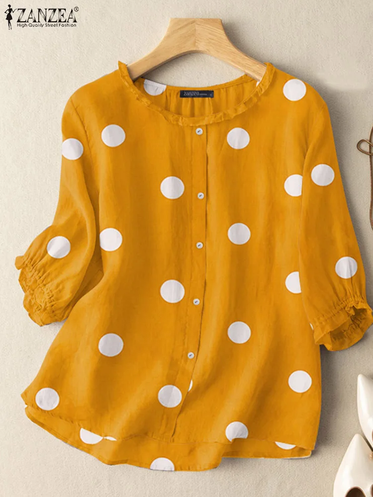

2023 ZANZEA Women Vintage Polka Dot Printed Blouse Autumn Casual 3/4 Sleeve Ruffles Shirt Female Tunic Tops Party Holiday Blusas