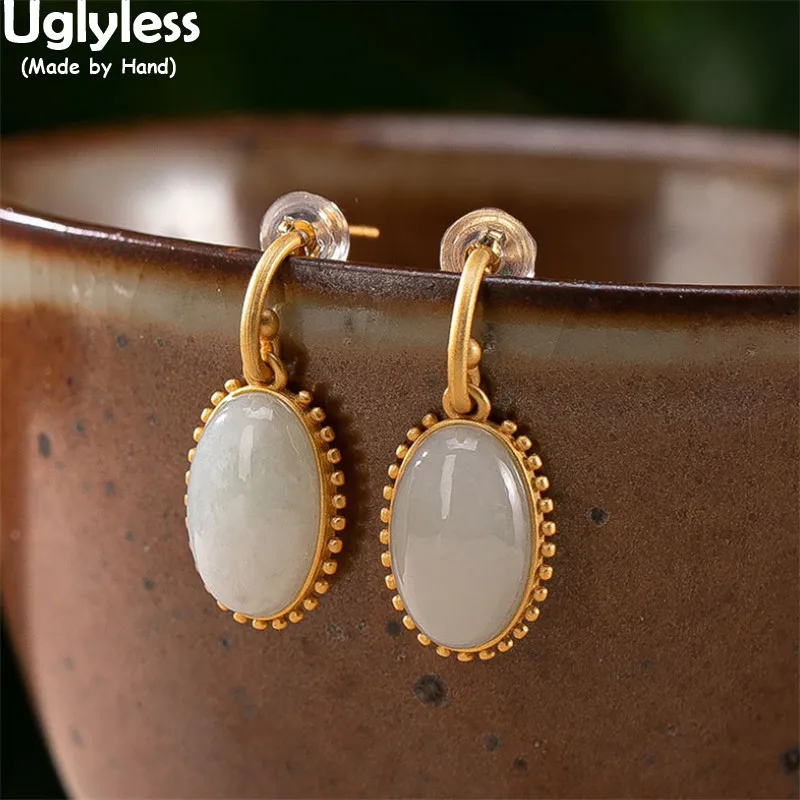 

Uglyless Cool Gear Frame Oval Gemstones Earrings for Women Nature Jadeite Drop Earrings Gold Real 925 Silver Studs Dress Jewelry