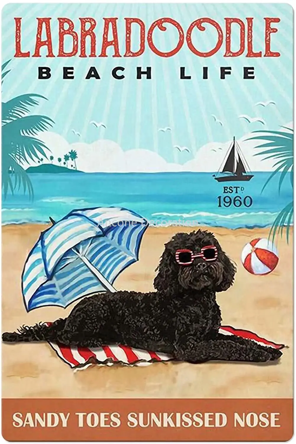 

Labradoodle Beach Life Metal Tin Sign,Sandy Wave Seabird Beach,Retro Printing Poster Bar Restaurant Cafe Wall Decoration Plaque