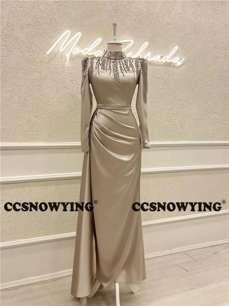 

Full Sleeve Hijab Muslim Evening Dress Islamic Satin Beaded High Neck Prom Formal Party Gown Women Arabic Dubai Robes De Soirée