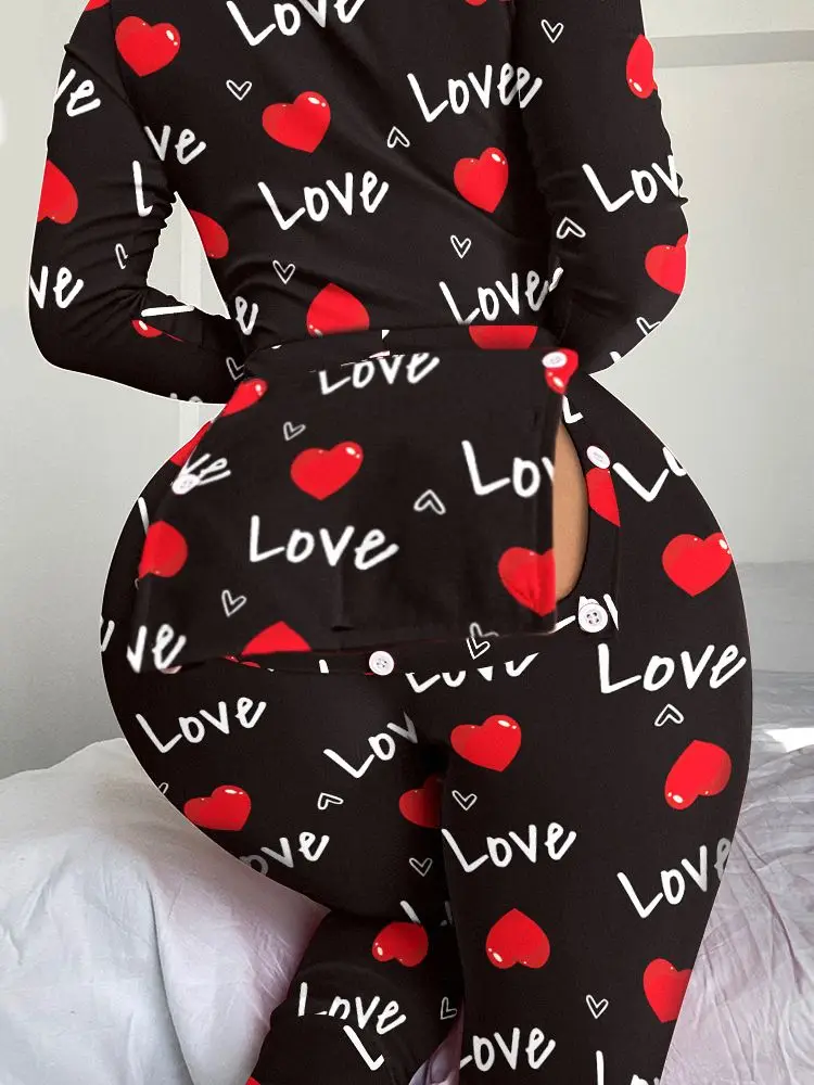 

Fashion Women Clothing V Neck Homewear Long Sleeve Jumpsuits Heart Letter Print Functional Buttoned Flap Sleep Onesie