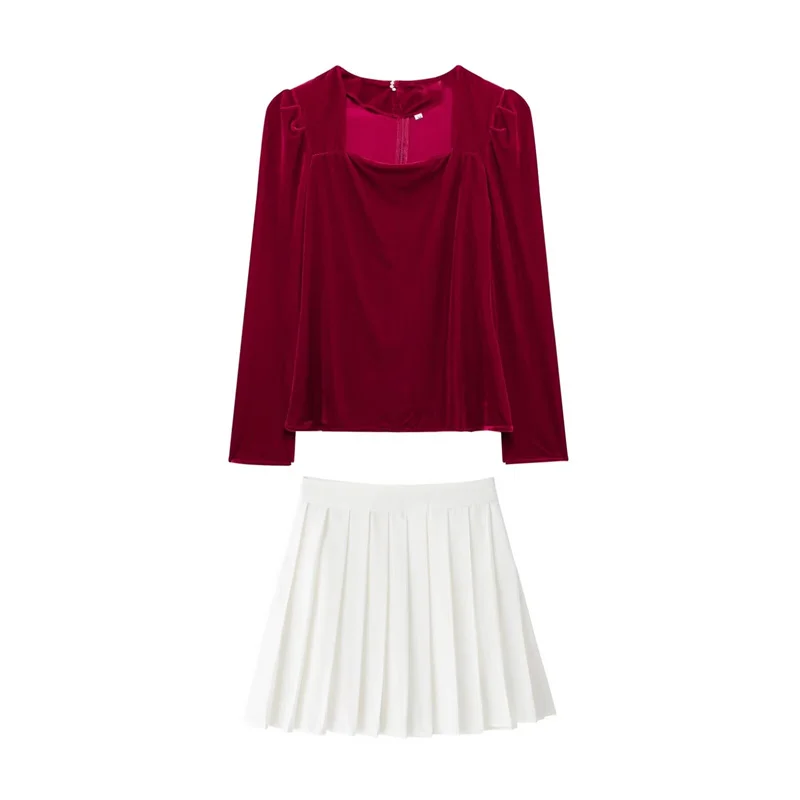 Осенний женский комплект с длинным рукавом и квадратным вырезом плиссированная