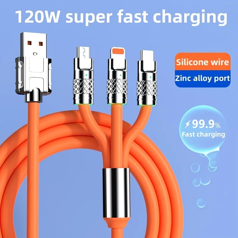 

Нейлоновый Плетеный USB-кабель 3 En 1, с поворотом на 180 градусов, 120 Вт, 1,2 м