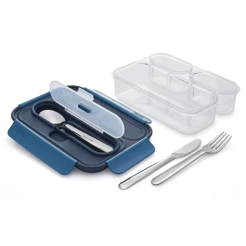 

3 Compartment Tritan Bento Set with Stainless Steel Utensils in Blue White plates Chopstick and spoon set Kawaii tableware Korea