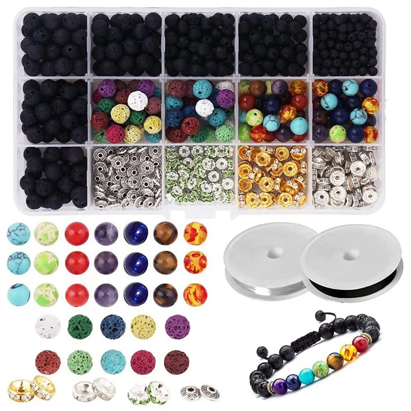 

Natural Volcanic Stone Chakra Loose Beads Set 8Mm Alloy Spacer Diy Handmade Jewelry Accessories