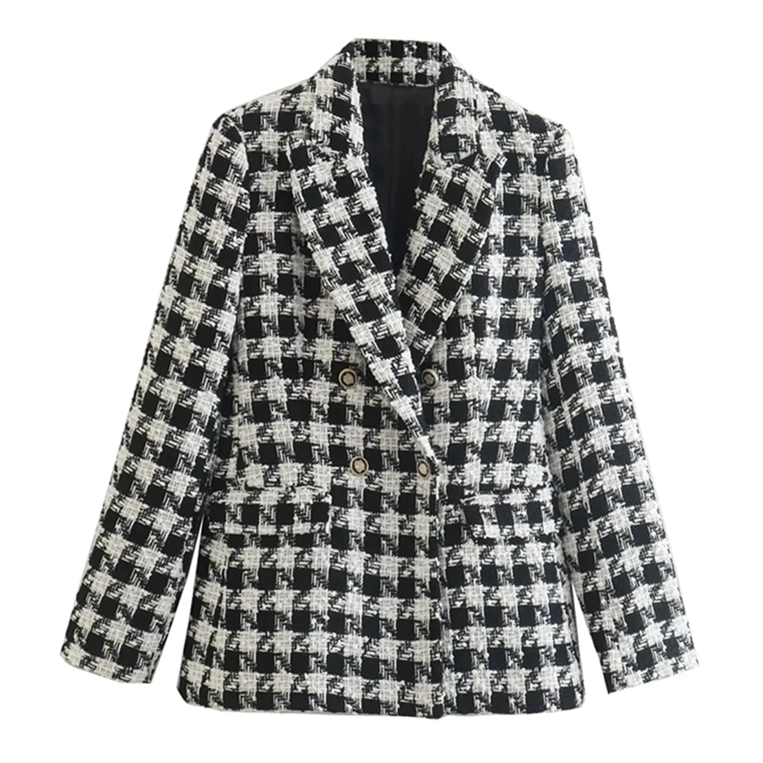 

Maxdutti Casual Blazers Women England Style Fashion Houndstooth PlaidDouble Breasted Woolen Jacket