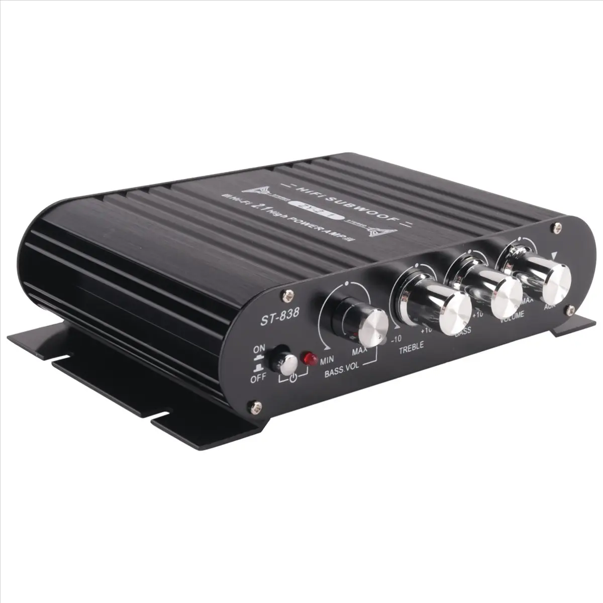 Фото T81C! Автомобильный Hi-Fi усилитель ST-838 2.1 канала, мини-усилитель MP3 с AUX-входом, регулировкой высоких и низких частот, Super Bass, 20Вт x 2 + 40Вт №4
