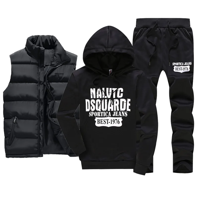 Men's Tracksuits Casual Set 3 Pieces Warm Vest Sweatpants Hoodie Letter Printed Plus Size 5XL Mens Joggers Set Sweat Suits 2022