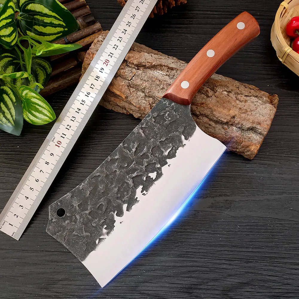 

8 inch Butcher Meat Knife Stainless Steel with Red Handle Kitchen Cleaver Knives Cooking Tools Hammer Pattern Forged Chef Knife