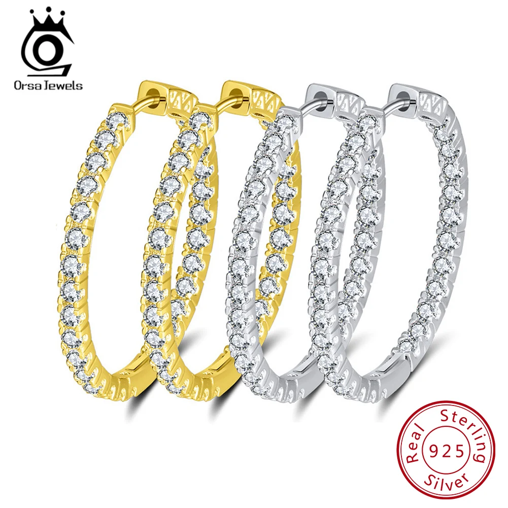 

ORSA JEWELS 2019 Silver Color High Polished Hoop Earrings Paved with AAA Austrian Cubic Zirconia for Wedding Party Jewelry OE137