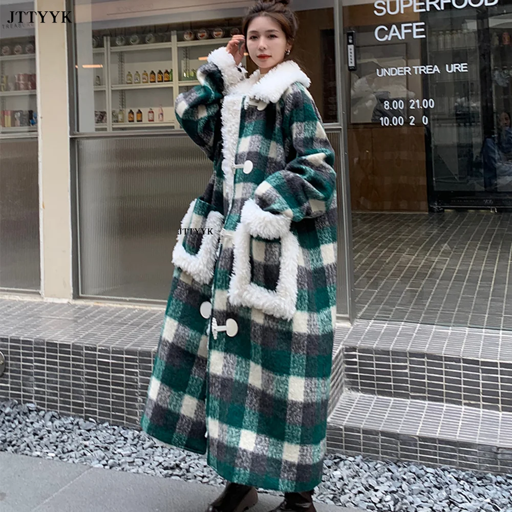 

Oversize Korean Autumn Winter Wool Coat Women Clothes Plaid Overcoat Horn Buckle Plush Splicing Woolen Coat Over-the-knee Long