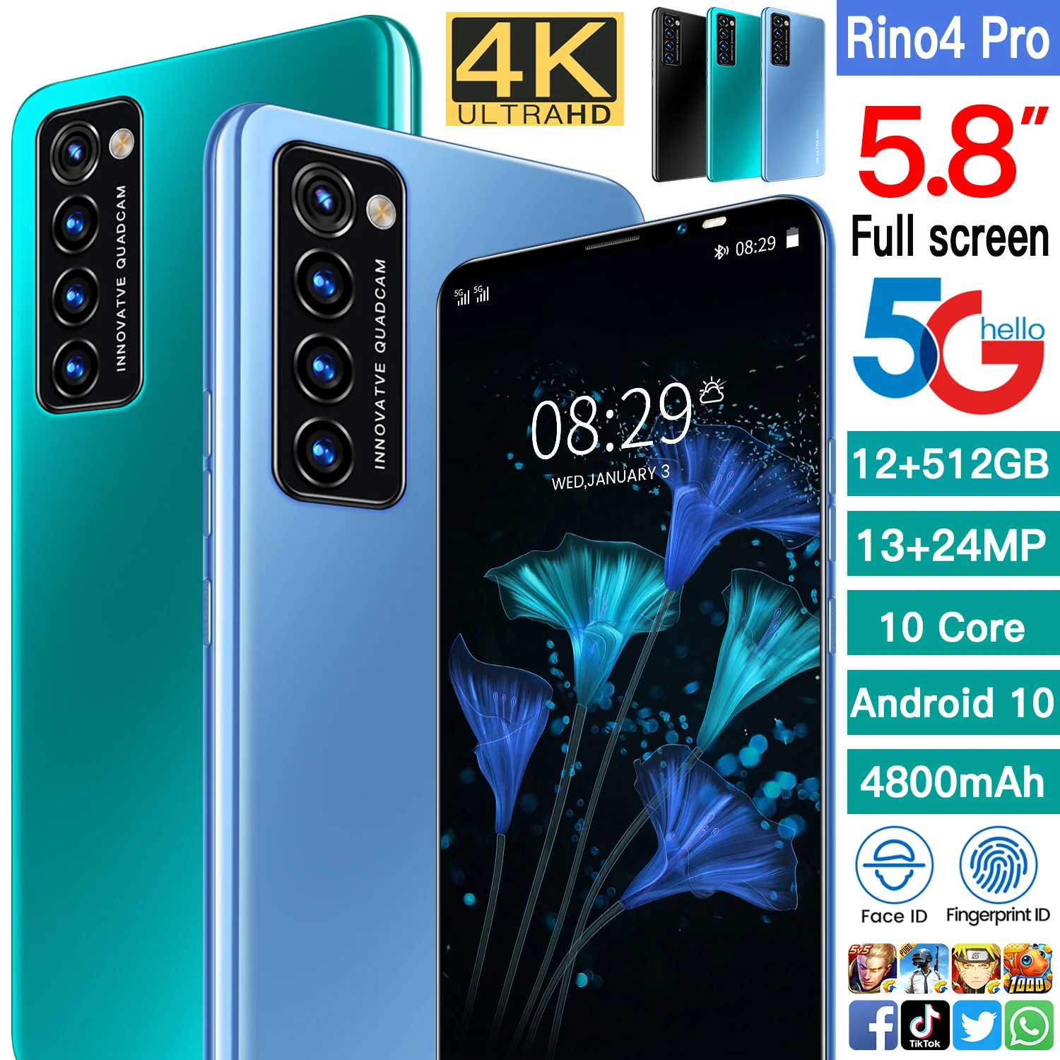 

Rino4 Pro MTK6889 Deca Cores CPU 6+128GB 5.8Inch HD+Fullscreen 1080x2320 13+24MP 4800mAH Android Global Version Smart Phone