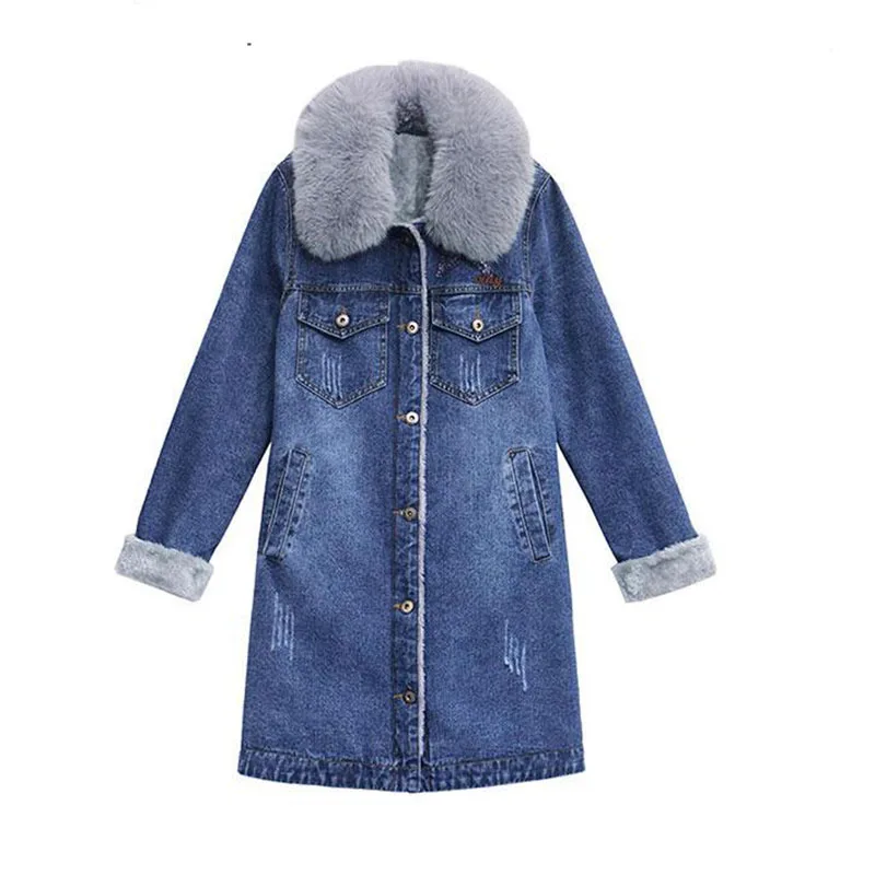 

Fashion Denim Fleece Jacket Women's Winter New Style Large Fur Collar Loose Mid-length Lamb Velvet Stitching Warm Jacket Women