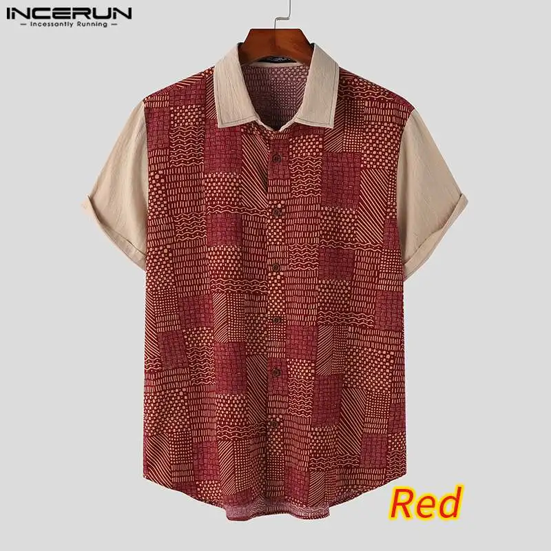 

Модные топы в национальном стиле, Мужская блузка с принтом INCERUN, повседневная распродажа, однотонные рубашки с коротким рукавом в стиле пэчворк, модель 2023
