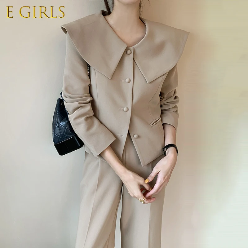 

E GIRLS Korean Autumn Elegant Peter Pan Collar Short Coat Causal Solid Sweet Single Breasted Suit Jacket Women Blazers