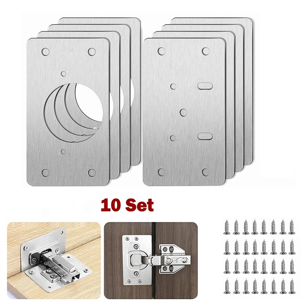 

10 Pair Cabinet Hinge Repair Tool Plate Close Hinges Kitchen Cupboard Door Fixing Silver Stainless Steel Hinge Repair Plate