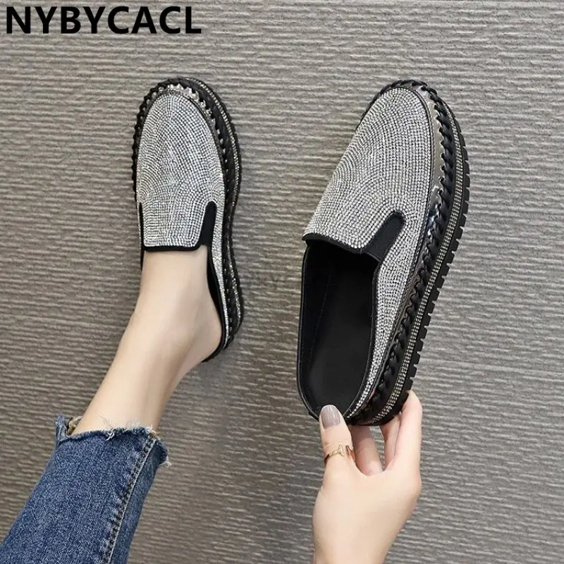 Women Slippers Rhinestone Slip On Pattern Flat Shoes Woman Big Size 43 Soft Antiskid Breathable Sneakers Casual Slides Fashion