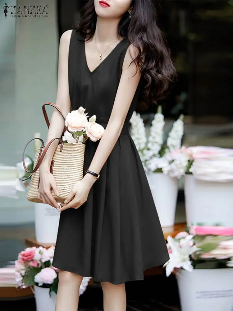 

ZANZEA Holiday V-neck Bandage Pocket Robes Fashion Women Solid Tank Dresses Summer 2023 Sleeveless Pleating Knee-length Sundress