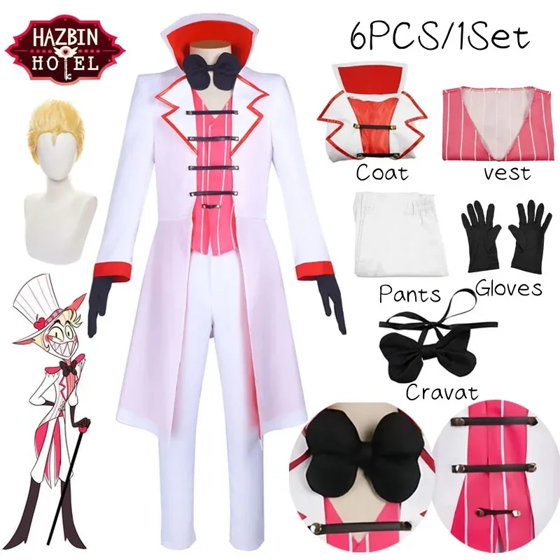 Фото 25COSHazbin Люцифер Косплей Костюм Утренняя Звезда Парики Мужская Униформа Костюм Куртка Жилет Брюки Парик Хэллоуин День Рождения Мужской Костюм №2