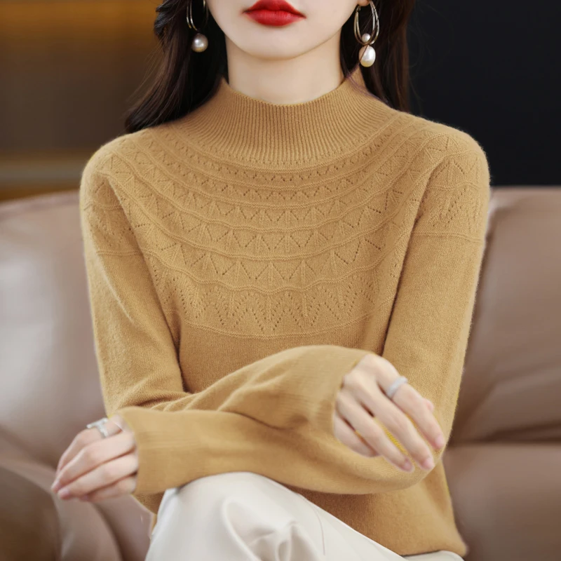 Женский Однотонный Шерстяной Трикотаж Эластичный Пуловер С Воротником-стойкой