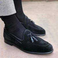men classic loafers faux suede round toe solid color fringe slip on classic fashion business casual retro everyday dress shoes