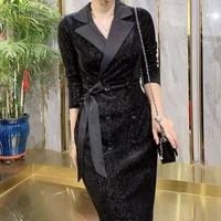 2022 spring and autumn new fashion and comfortable casual suit collar long sleeved dress waist slim temperament long skirt dress