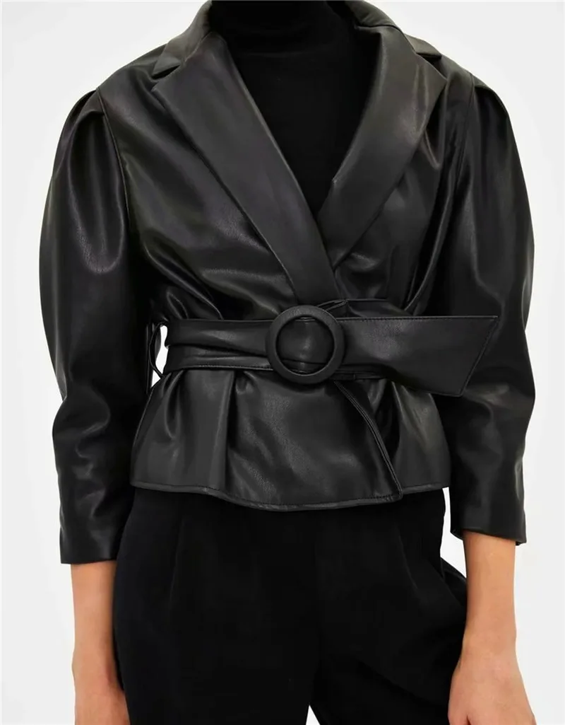 British Style Pu Leather Black Blazer Suit with Belt Women Commute Casual Short Blazers Autumn Winter Fashion Faux Leather Coats