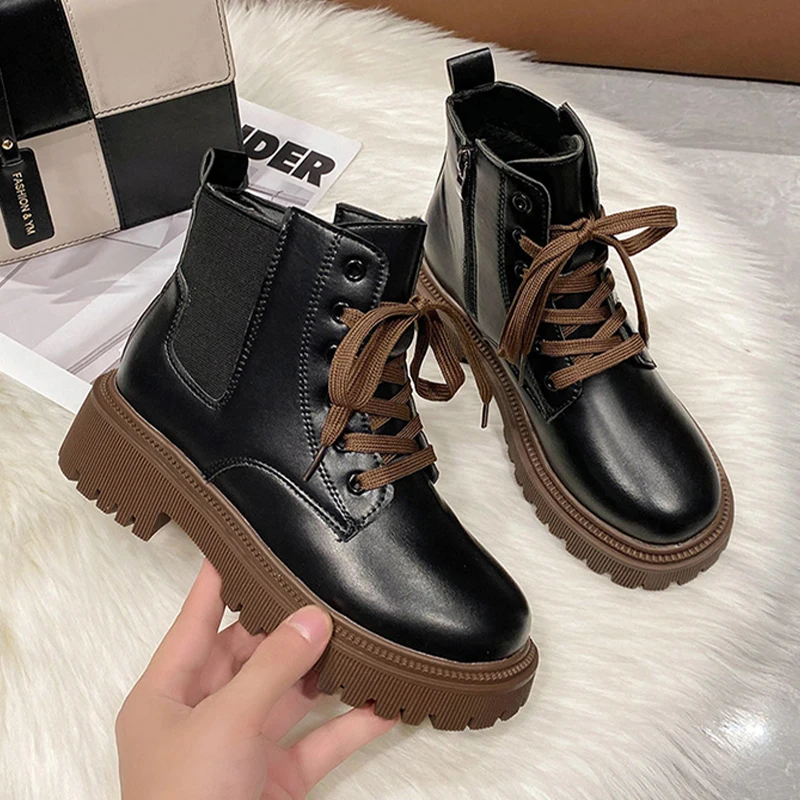 

2023 New Women Chelsea Boots Winter Motorcycle Boots Lace Up Mid Heels Shoes Ankle Gladiator Goth Punk Snow Boots Femme Zapatos
