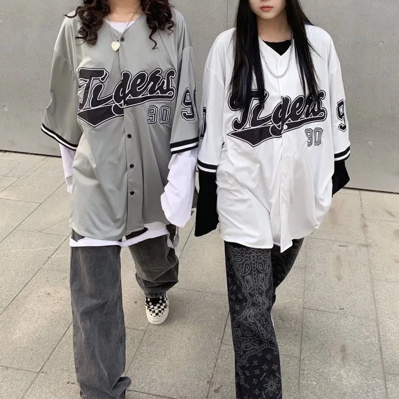 

Deeptown Baseball Shirt Women and Men Hippe Vintage Korean Style Oversize Hip Hop Streetwear Short Half Sleeve Button Up Blouse