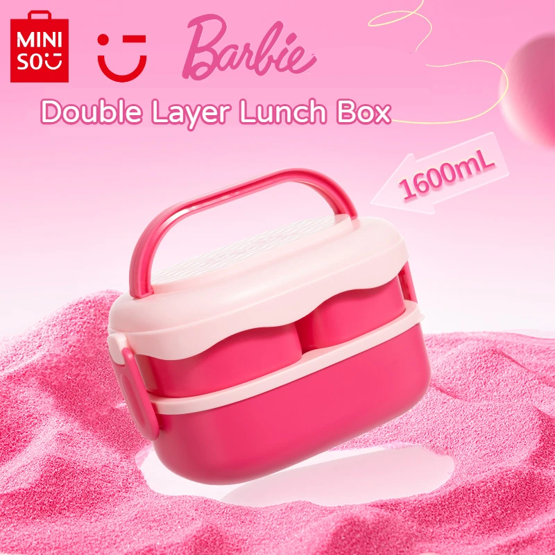 

MINISO Barbie Linkage Series Pink Girl Double Layer Lunch Box Insulation Heating Portable Large Capacity Children's Gift