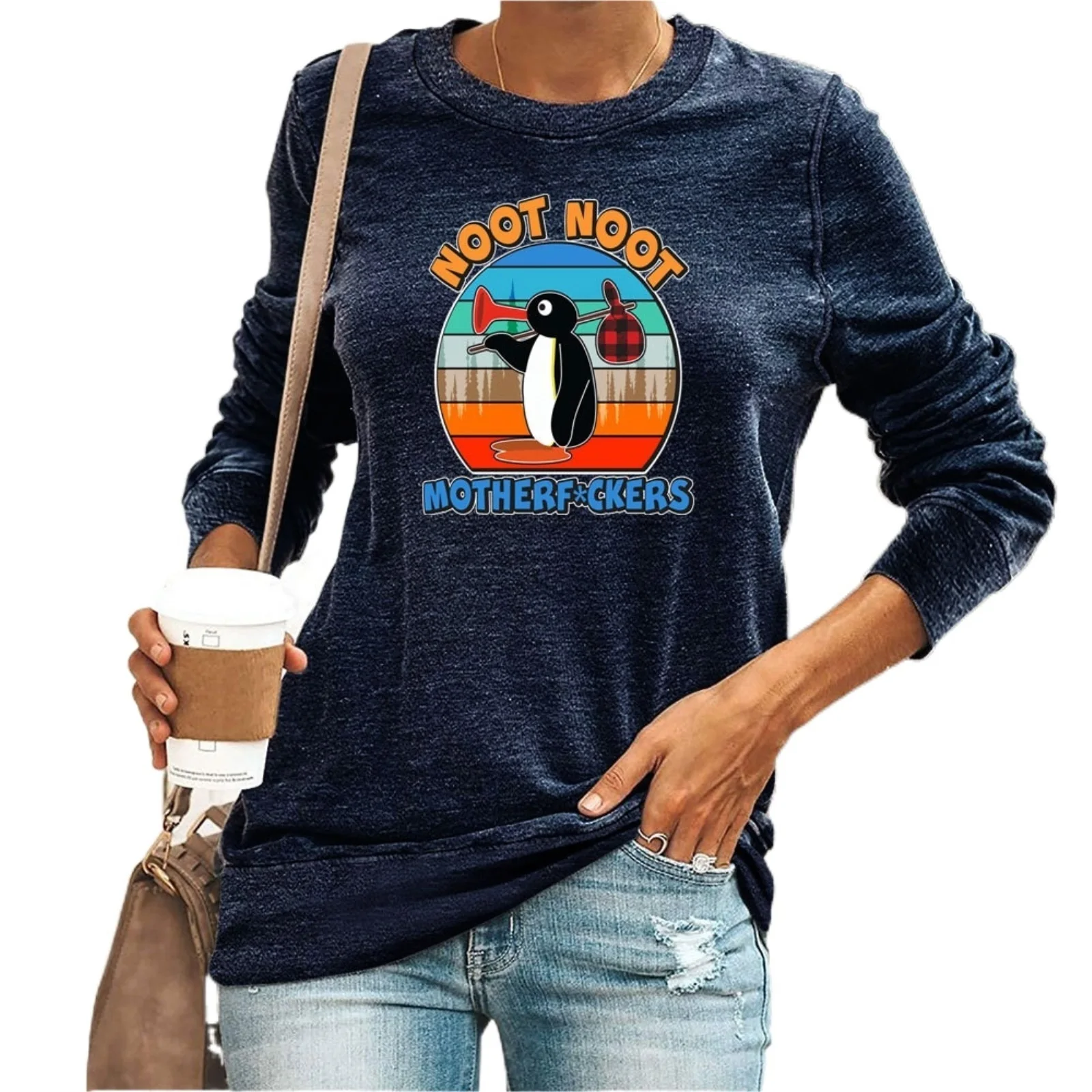 

Футболка NOOT noot NOOT с графическим принтом, милая забавная Повседневная Свободная хлопковая блузка с длинным рукавом и круглым вырезом, футбол...