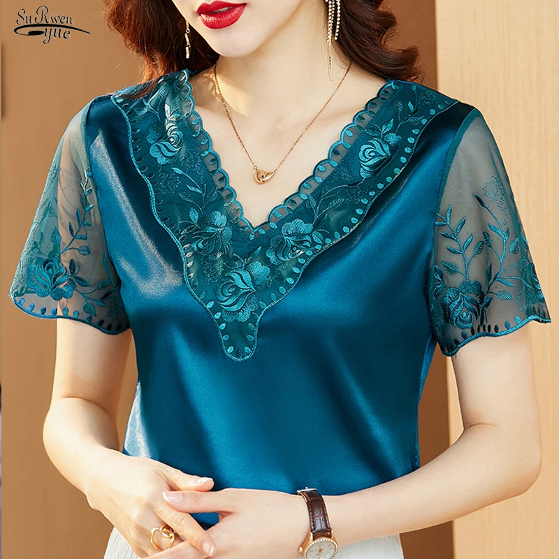 

Модная атласная кружевная блузка с коротким рукавом, летняя новая блузка, рубашка с вышивкой, элегантная женская одежда, 19128
