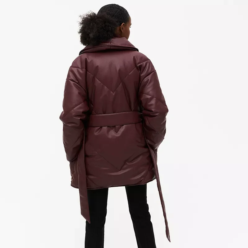 

NEW2023 Autumn Winter Parkas Women Fashion Loose Solid PU Leather Coats Women Elegant Tie Belt Cotton Jackets Female Ladies