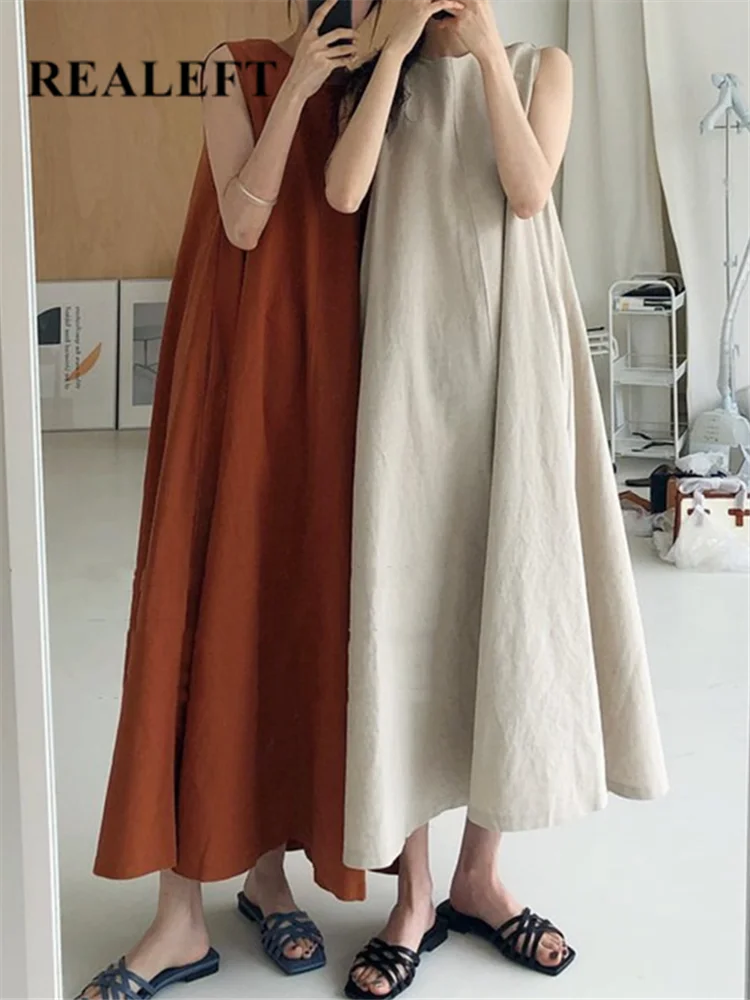 

REALEFT Summer Cotton and Linen Women's Long Dress 2022 New High Waist Sleeveless Casual Loose Chic Dress Female
