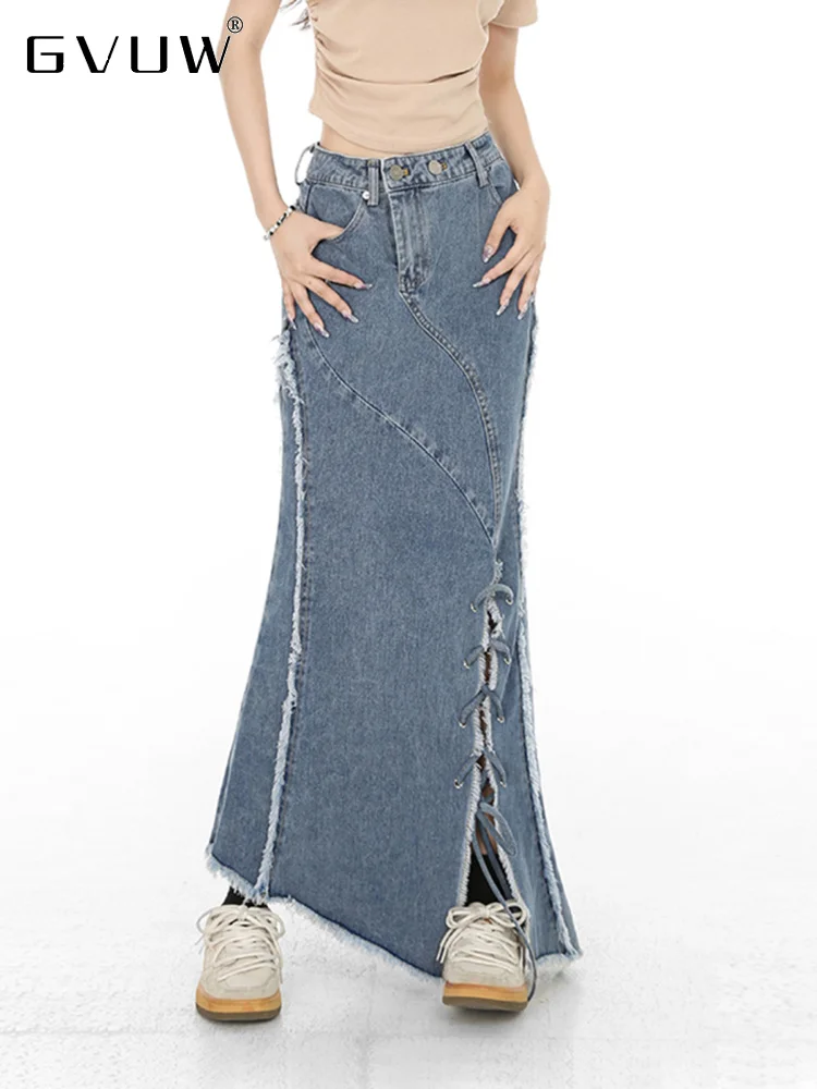 

GVUW Vintage Fur Edge Denim Skirts For Women 2023 Autumn New Bandage High Split Solid Color Fashion Female Clothing 17G2100