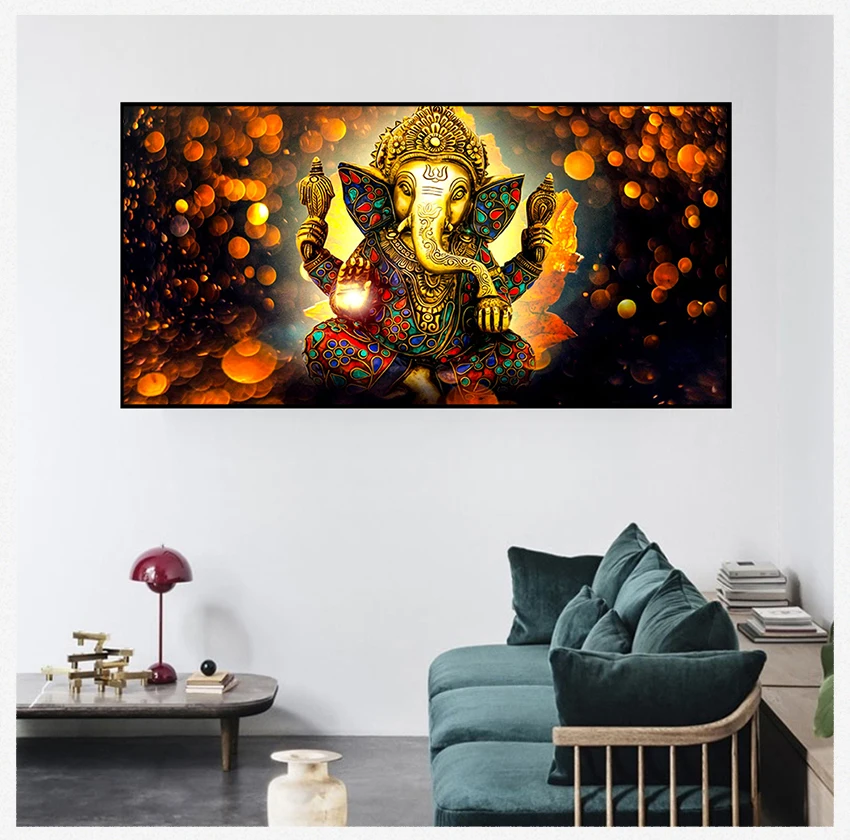 Настенное искусство, картина со слоном, искусство для гостиной, домашний декор, индийская религия, лорд Ганеша, Картина на холсте