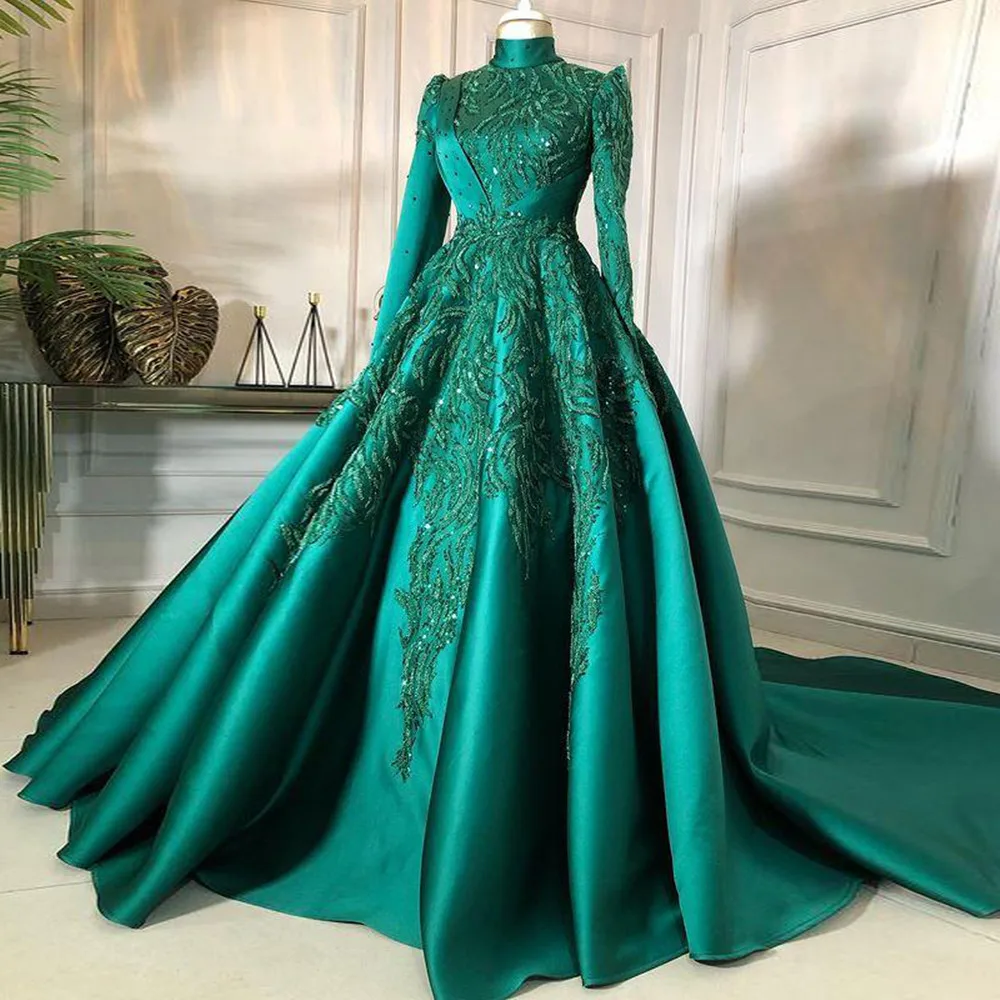 

Gorgeous Green Satin Turtleneck Evening Dress Long Sleeve Lace Appliqued Sequin Prom Dress Pleated Belt Train Party Dress Vestid