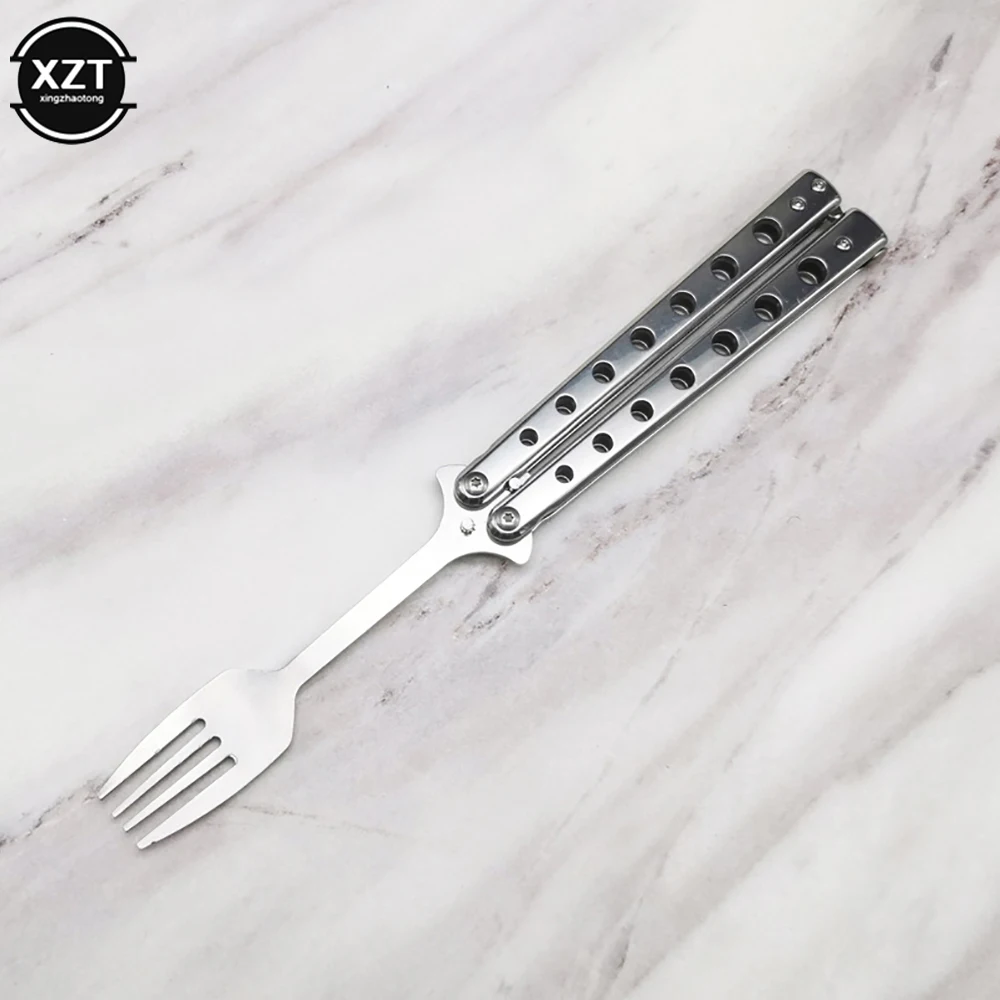 

Нож-бабочка из нержавеющей стали, складная ложка, вилка, нож Balisong Training, портативный тренер, уличная посуда для кемпинга, кухня