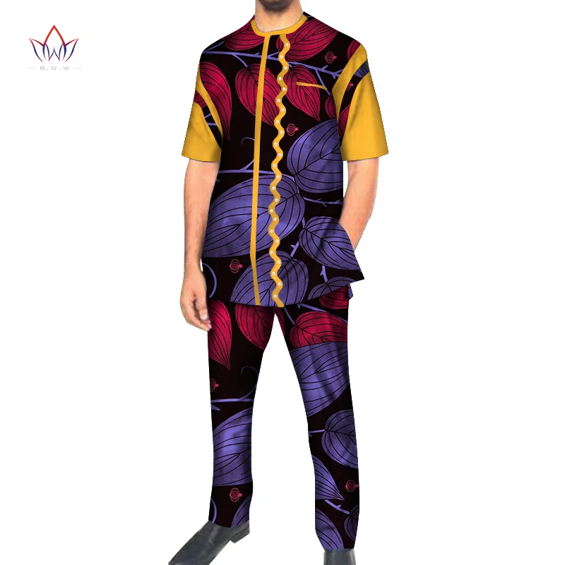 Causal 2pcs Men Top Shirt and Pant Trousers Set Bazin Riche African Clothes Cotton Print Peal Short Sleeve Dashiki WYN974 | Тематическая