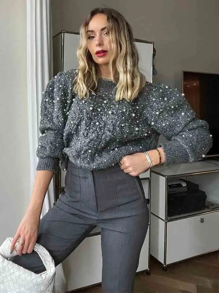 

KLKXMYT TRAF Женский трикотажный свитер 2023 Новая мода искусственный жемчуг декоративный пуловер Топы с длинным рукавом Теплые повседневные свит...