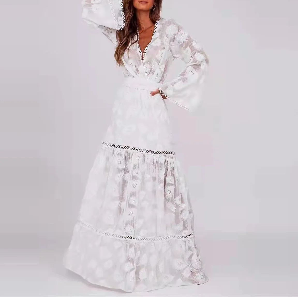 

Легкая тонкая юбка Фэн, Новинка весна-лето 2022, платье с V-образным вырезом, цветным тиснением и высокой талией