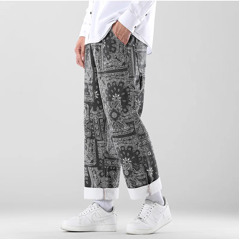 Streetwear Men's Printed Jeans 2021 Autumn New Korean Version Baggy Wide Leg Pants Denim Pants Male Brand Clothes