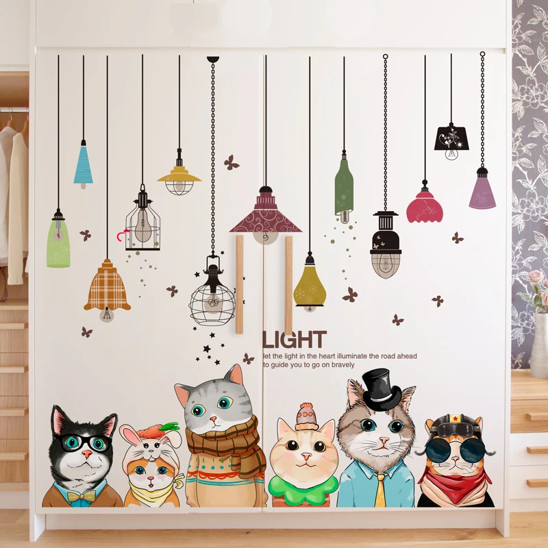 

Cartoon Cats Animals Wall Sticker DIY Creative Chandelier Light Bulbs Wall Decals for Kids Rooms Kindergarten Home Decoration