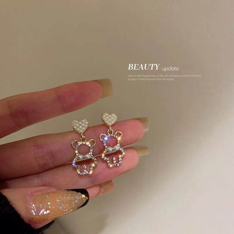 

S925 Sterling Silver Needle Pearl & Zirconia Decor Cute Bear Stud Earrings