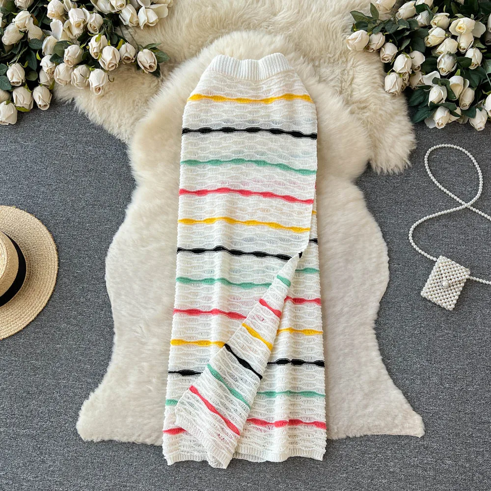 

Летняя Корейская шикарная Ретро нишевая дизайнерская Слитная вязаная юбка в полоску с пряжкой на талии