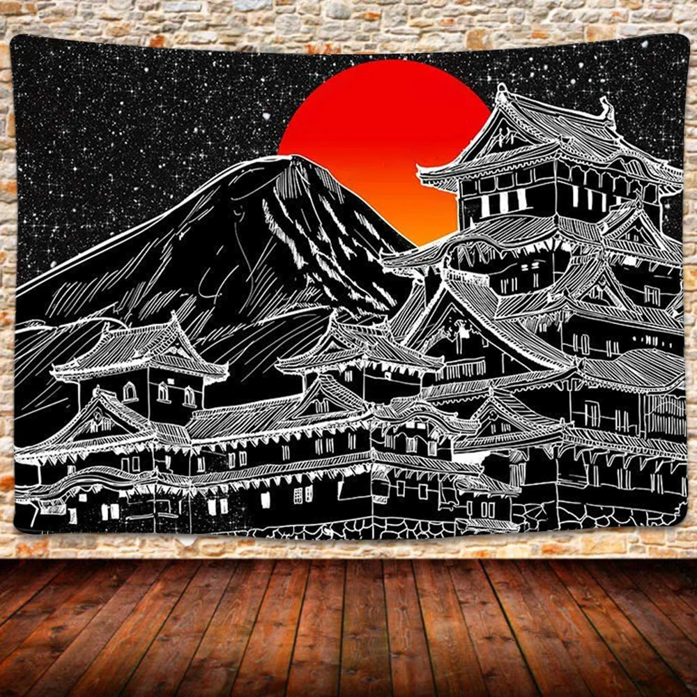 

Japanese Tapestry Japan Pagoda Mount Fuji Anime Wall Hanging Red Sun Room Decor Black White Aesthetic Bedroom Art Decoration