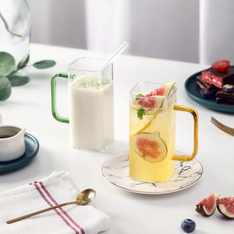 

Square Glass Cup With 유리컵 Handgrip Home Living Room Kitchen High Temperature Resistance Glass Cup Milk Coffee Mug For Summer