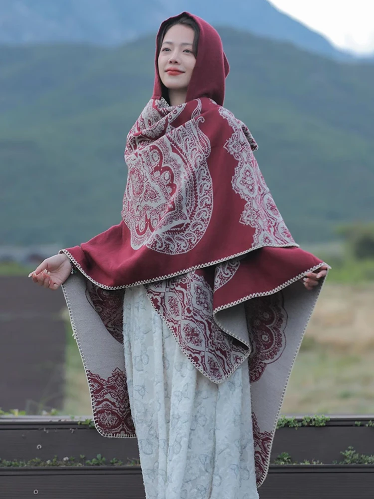 Новый осенне-зимний ретро-шарф женское пончо с капюшоном теплое цветочным