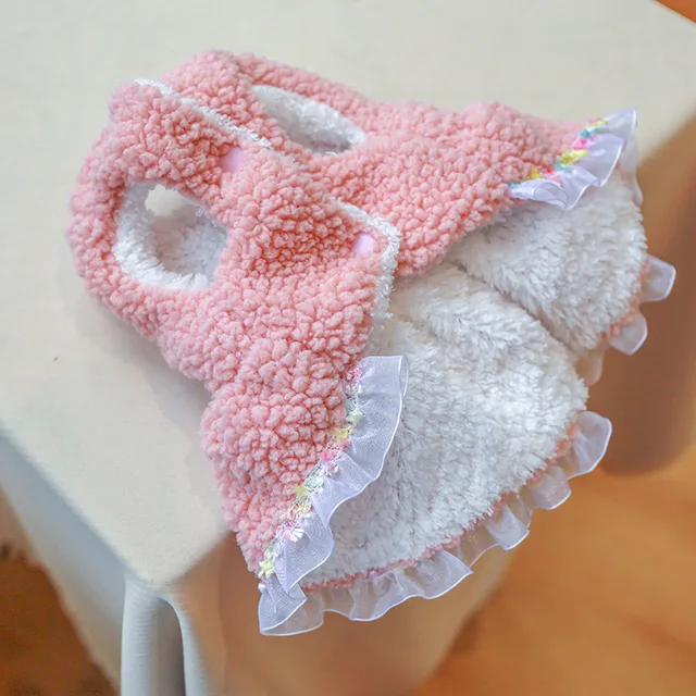 Pink Fleece Girl Pet Dresses Dog Clothes Autumn Winter Thicken Warm Chihuahua Maltese Cat Coat Jacket Costumes Puppy Animal Pugs 5