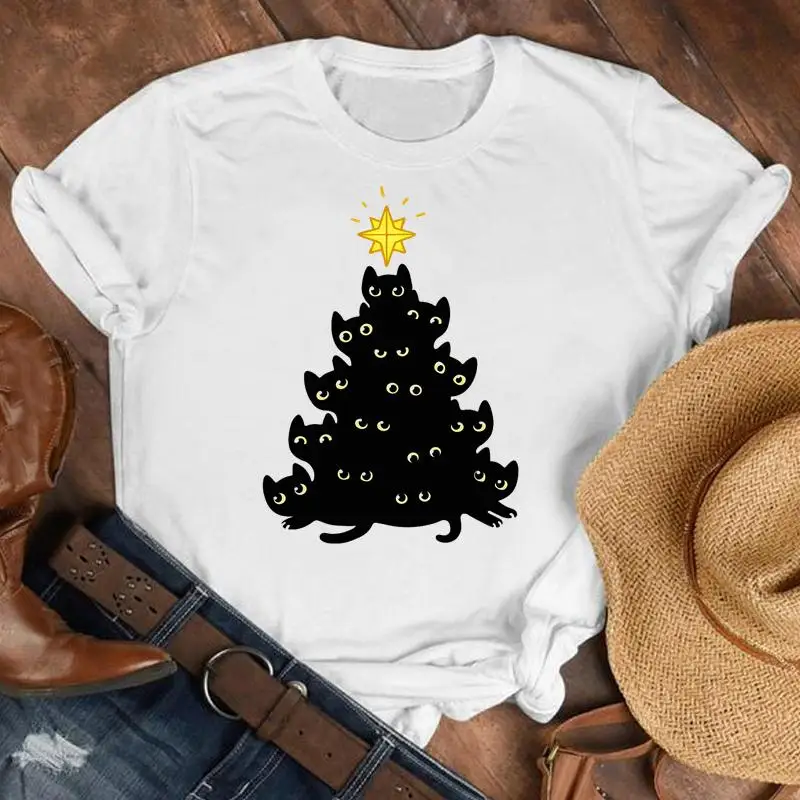 

Новая трендовая модная женская футболка с котом и звездами для рождества, праздника, зимы, Женский Топ, одежда с графическим рисунком, футбо...